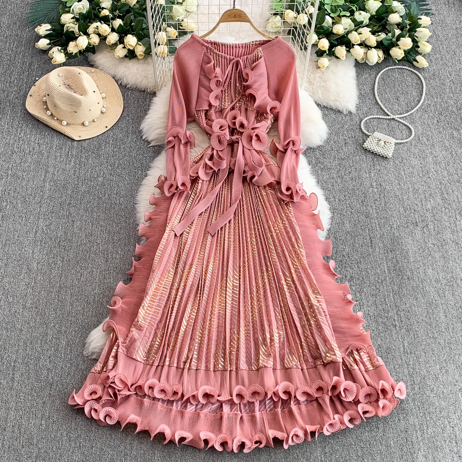 

Heavy-duty Hot Stamping Print Dress For Women Round Neck Three-dimensional Ruffled Long-sleeved Dresses Chic Pleated Long Dress