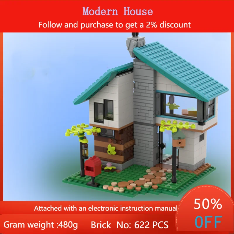 

Модель строительного блока, современный дом 622, детали, MOC, конструктор для мальчиков, взрослых, детей, рождественский образовательный креативный подарок