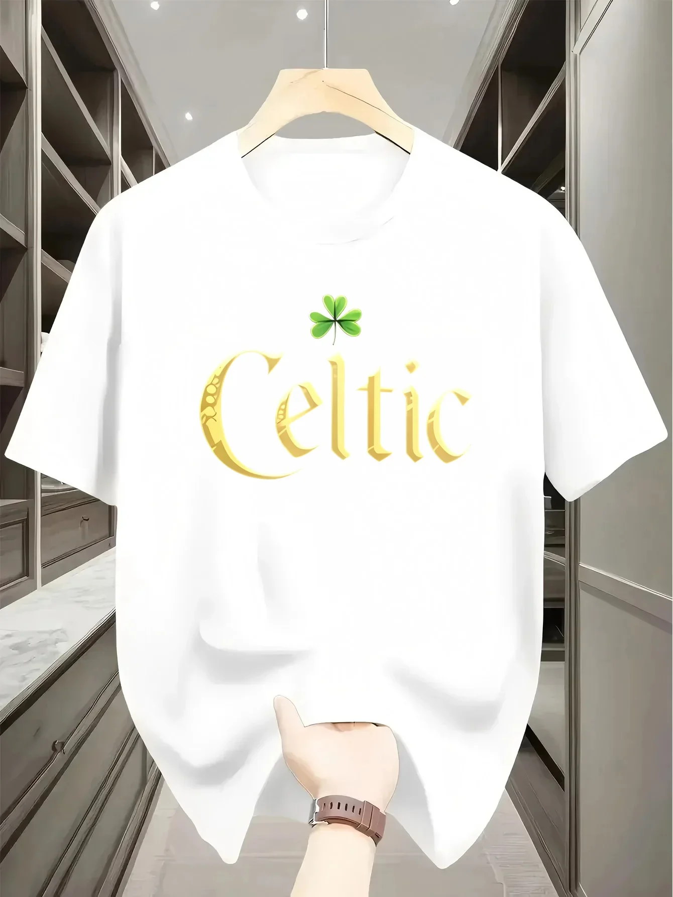 Fashionable Trendy Men's Casual T-shirt with Gold Celtic Pattern Print for Summer Daily Wear Fashionable Short Sleeved T-shirt