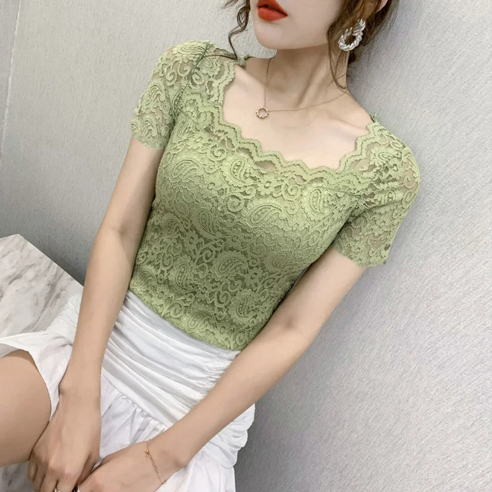 Persian Pattern Lace T Shirt Women Stretch Knitted Blouse Square Collar Short Sleeve S-2XL Size Top Fashion Female Blouses Shirt