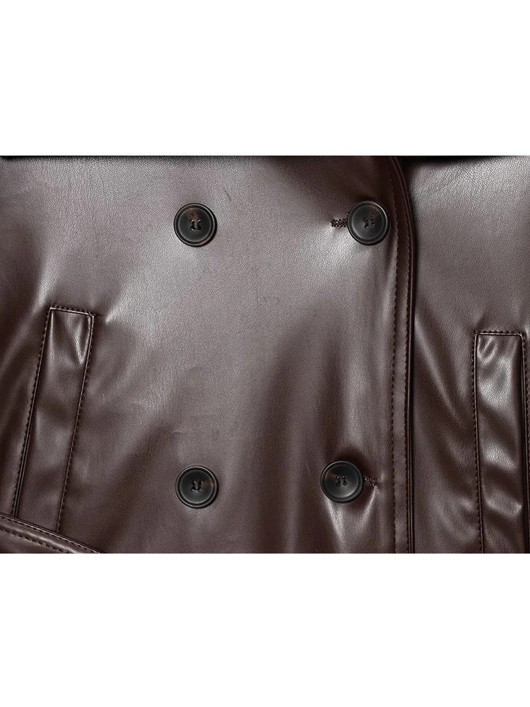 TFMLN Cappotto da donna con cintura in ecopelle Risvolto doppio petto Giacca corta in pelle PU Cappotti Giacca da donna alla moda vintage High Street