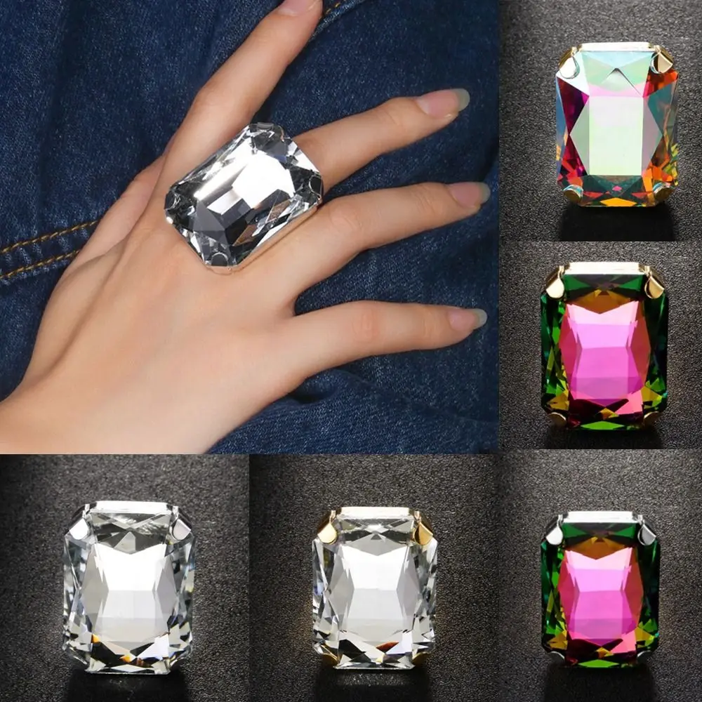 Rectangle Shape Rectangle Rhinestone Ring Rhinestone Crystal Large Size Vintage Wedding Ring Exaggerated Giant Adjustable Size