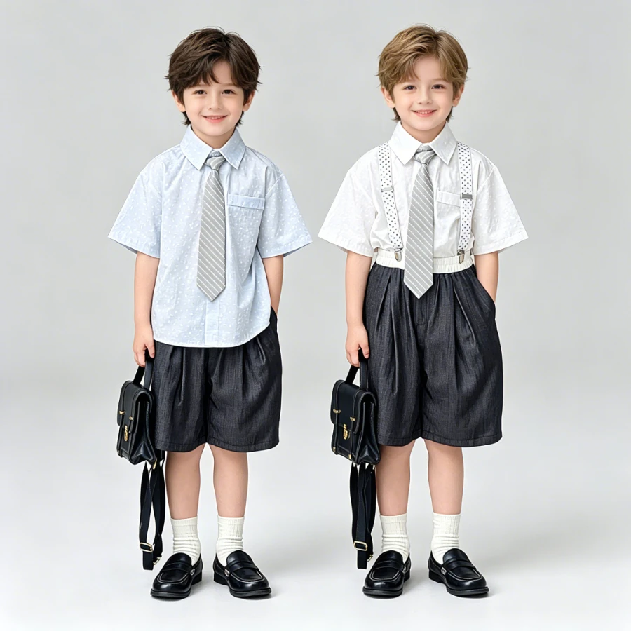 

Boys Formal Suit Set Kids Gentleman Outfit Short Sleeve Shirt Tie Shorts Boy Wedding Party Attire Children Birthday Clothing 8 Y