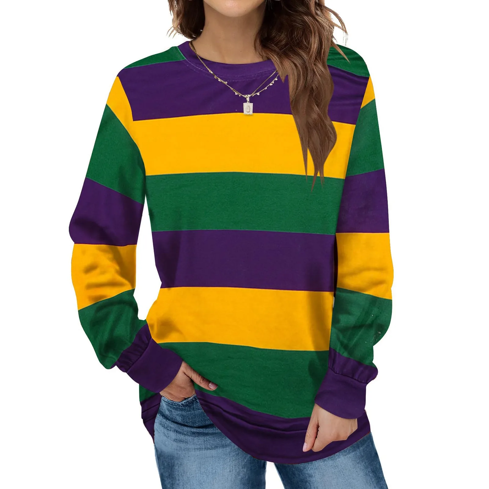 2024 Women Carnival Sweatshirt Outfit Sequin Green Purple Yellow Crewneck Fat Tuesday Clothes Sweatshirt For Ladies Tee T-Shirt