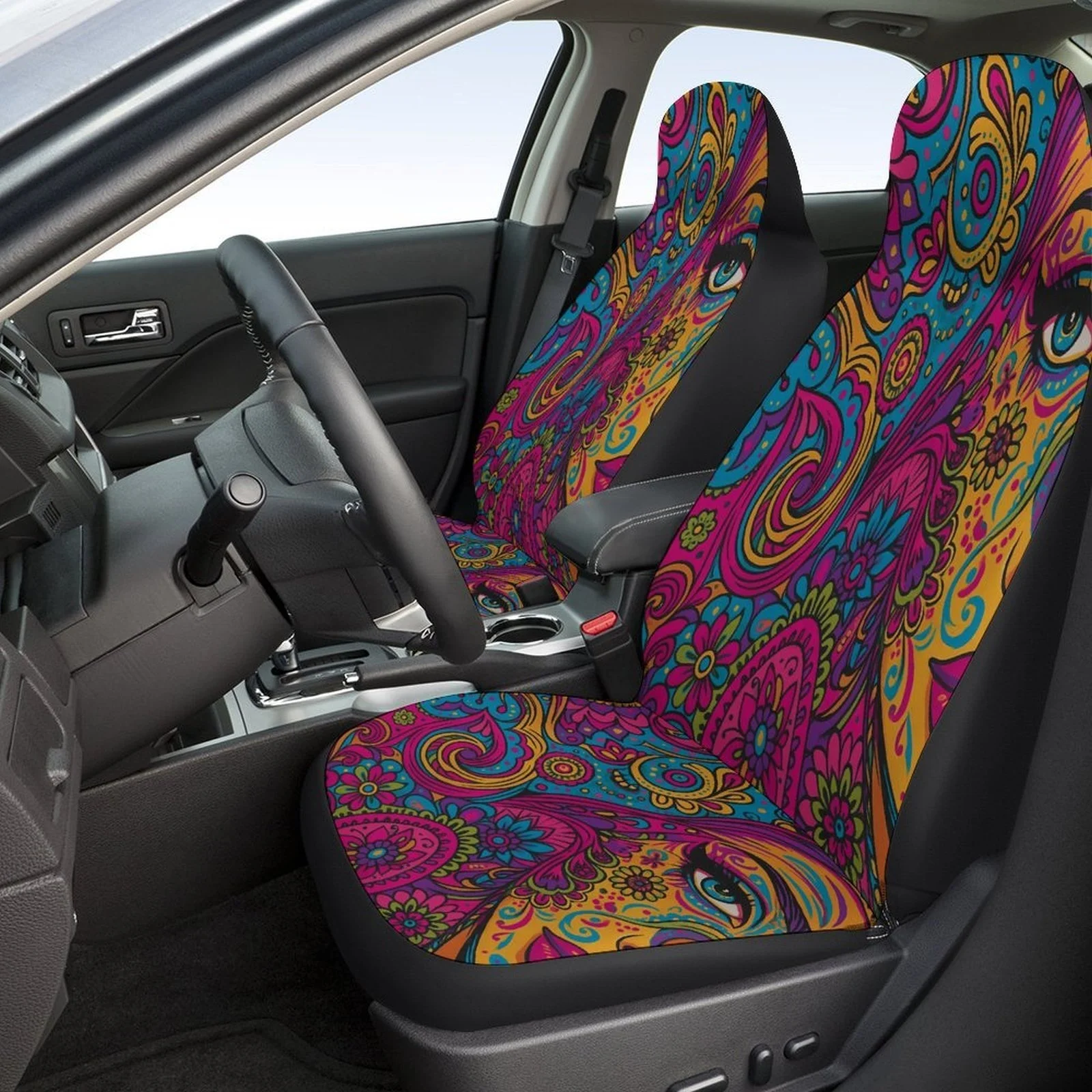 Psychedelic Face Designed Car Seat Covers Set For Most Cars, Trendy Novelty Decorative Car Seat Protector Covers Full Set, Car