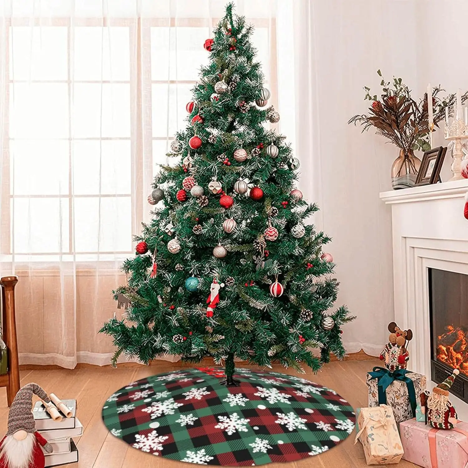 Pequena Saia De Árvore De Natal Branco, Floco De Neve Red Green Buffalo Plaid Xmas Tree Mat, Saias Decorações, 3ft, 4ft, 6 Pé, 36"