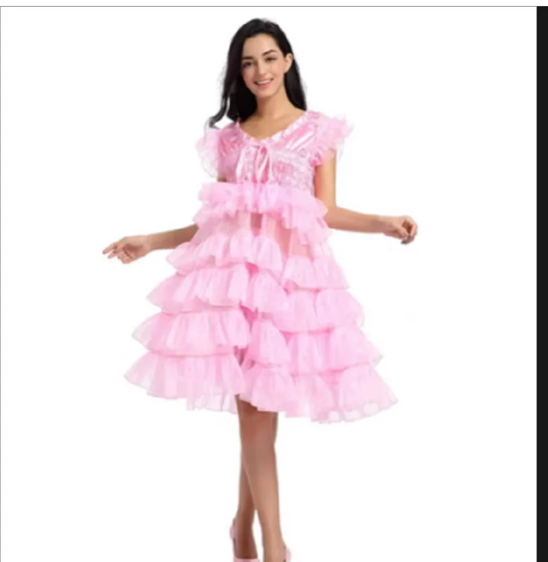 

Pink Girl Sissy Lockable Satin Organza Dress Loose Cake Tower Crossdresser Party Daily Unisex Dress Role Playing Costume Customi