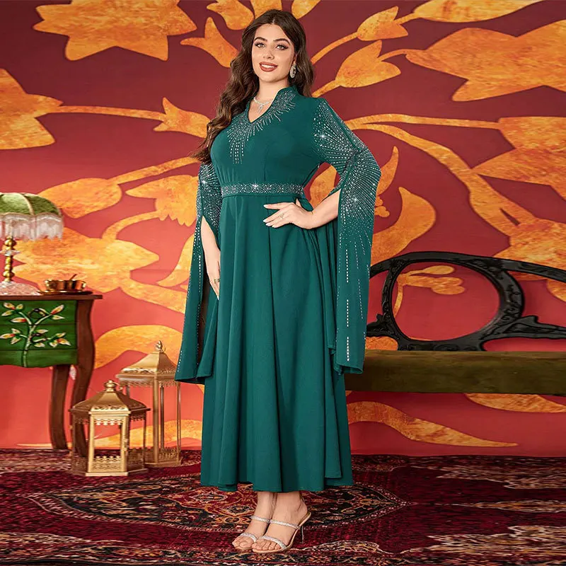 2025 moyen-orient musulman nouvelle mode femmes diamant clouté col en v décontracté à la mode grande taille robes de cérémonie vêtements féminins
