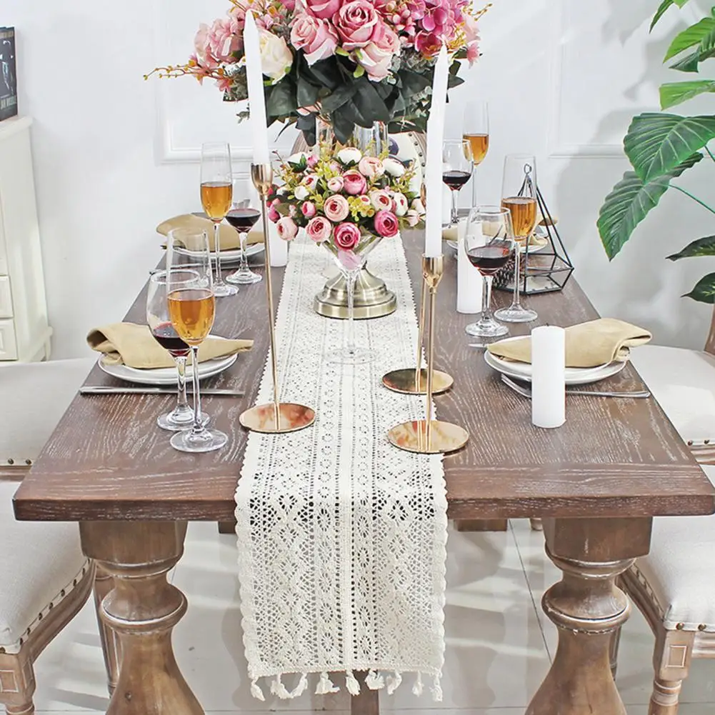 Beige Crochet Lace Table Runner with Tassel Cotton Hollow Tablecloth Nordic Romance Wedding Party Table Cover Linens Bed Runners