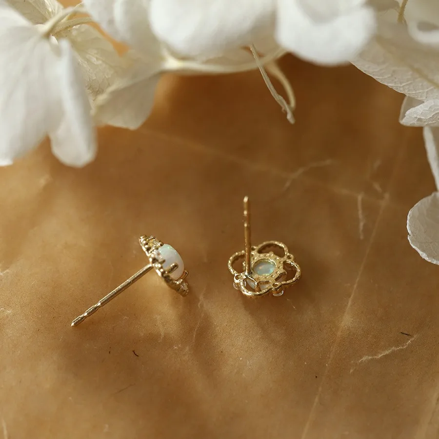 925 Sterling Silver Electroplated 14K Gold Earrings for Women French Imitation Opal Zirconia Flower Light Luxury Earrings