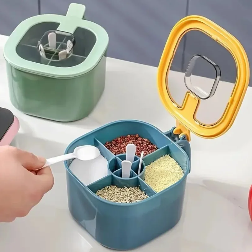 

A 4-In-1 Large Capacity Seasoning Box with a Lid And Spoons Comes with Four Spoons for in The Home Kitchen for Salt Containers