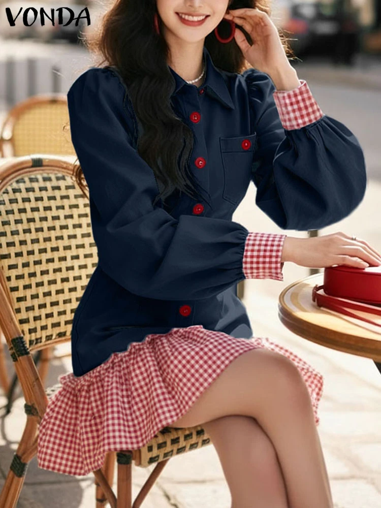 VONDA Elegant Plaid Dress Women Patchwork Ruffled Mini Sundress 2025 Autumn Long Sleeve Buttons Casual Buttons Party Vestidos