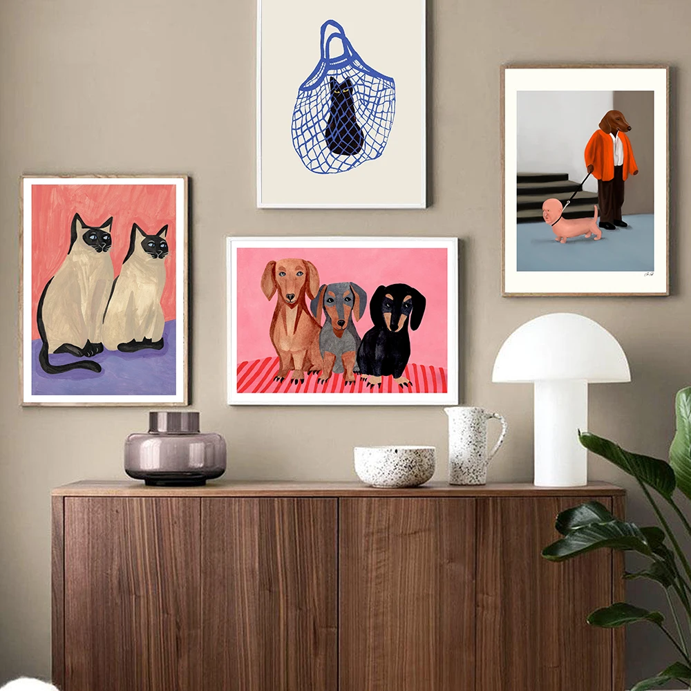 

The Cats In The Bag Poster Abstract Wall Art Canvas Painting Black Cat Prints Cartoon Three Dog Wall Pictures Kids Home Decor