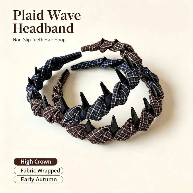 Early Autumn Versatile Plaid Headband Women Non-Slip Teeth Wave Hoop Plaid Fabric Wrapped Hairband High Crown Hair Accessories