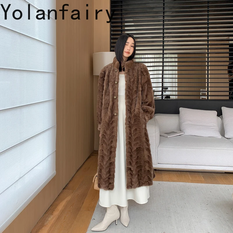 YOLANFAIRY معطف فرو منك عالي الجودة للنساء شتاء 2025 موضة الوقوف طوق طويل أسود فرو منك معاطف نسائية سترة من الفرو