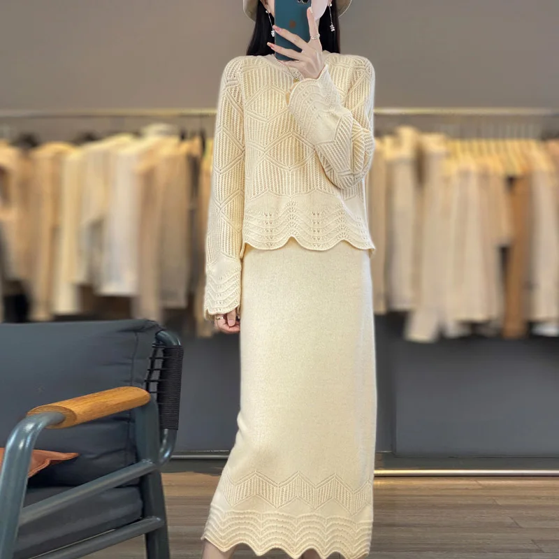 

100% Pure Wool Two-Piece Set For Women New Jacquard High-End Fashion Sweater Dress Set Spring And Autumn Casual Women'S Clothing