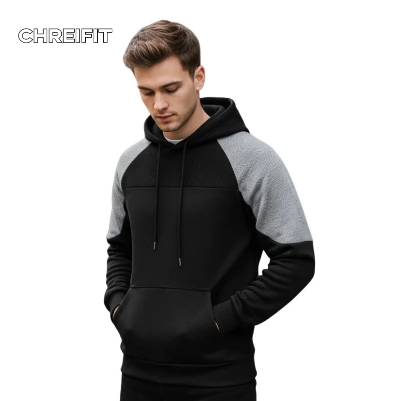 

CHREIFIT Men's Hoodie Black Grey Color Block Sweatshirt Oversized Streetwear Casual Pullover for Autumn Winter Fashion