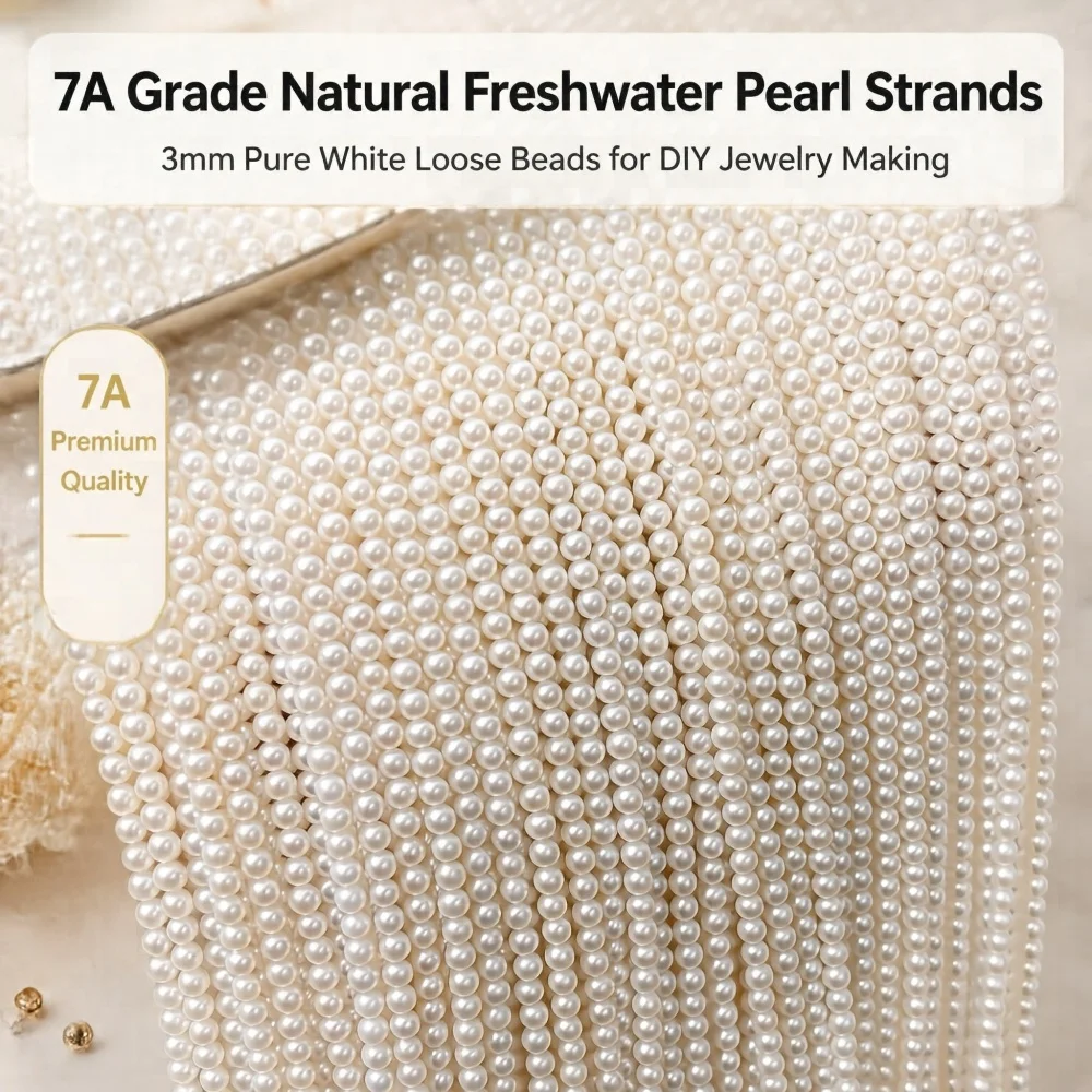 JD 1 Strand 7A Natural White Freshwater Pearl Strand 3mm Approx 120pcs Aurora Lustrous Round Beads DIY Jewelry Making Necklace
