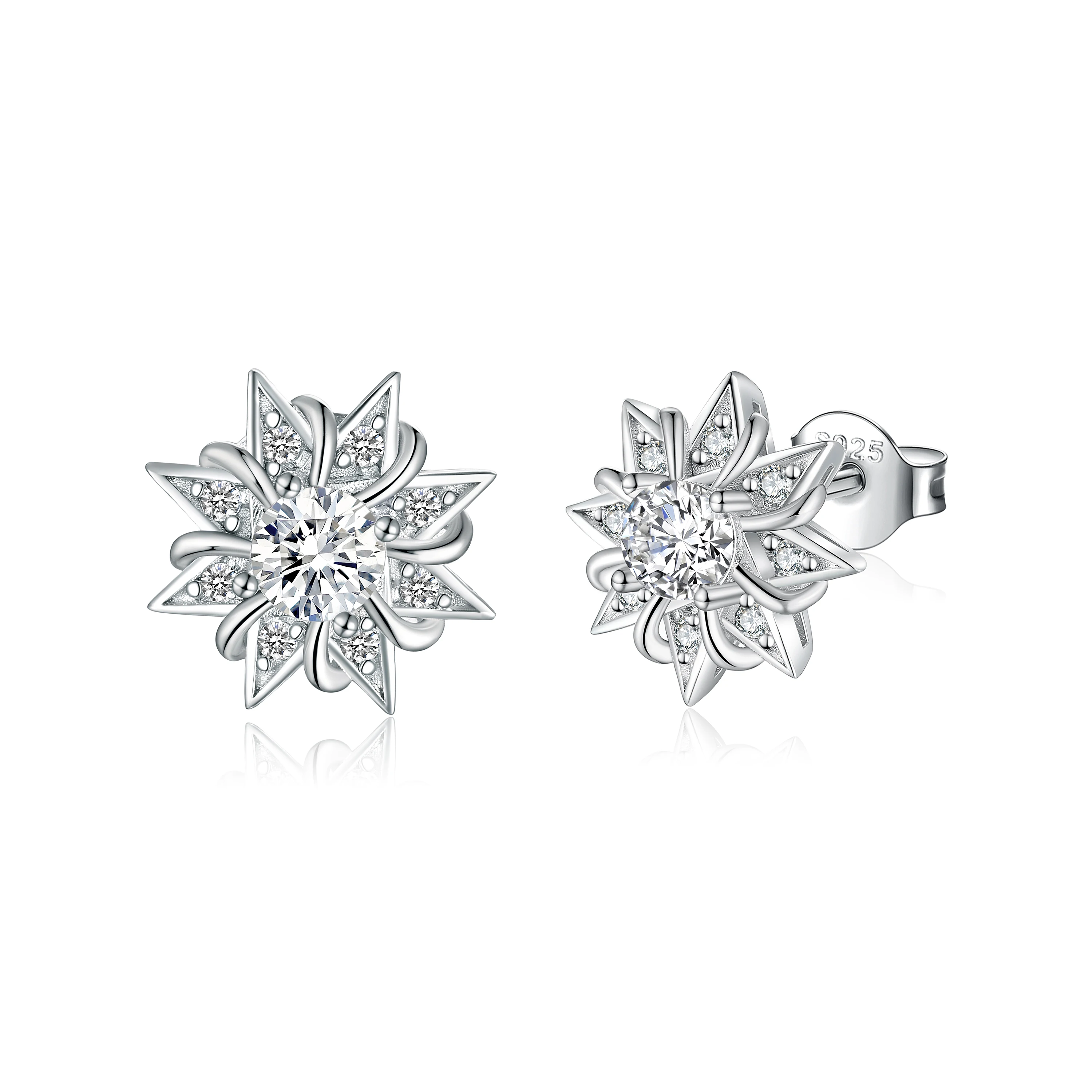 

Sunstar 925 Sterling Silver Snowflake Flower Shaped Stud Earrings round Brilliant Cut Zircon Stone for Engagement Wedding Gift