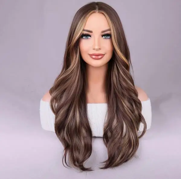 

Long mixed brown high gloss women's wave wig