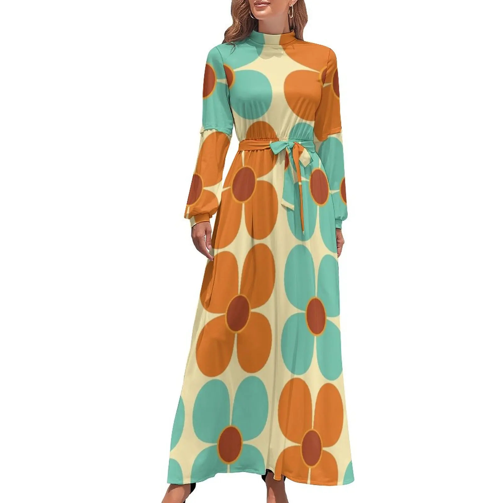 

Retro Land Flower Power Orange and Blue Long Dress dress for women 2024 womens dress