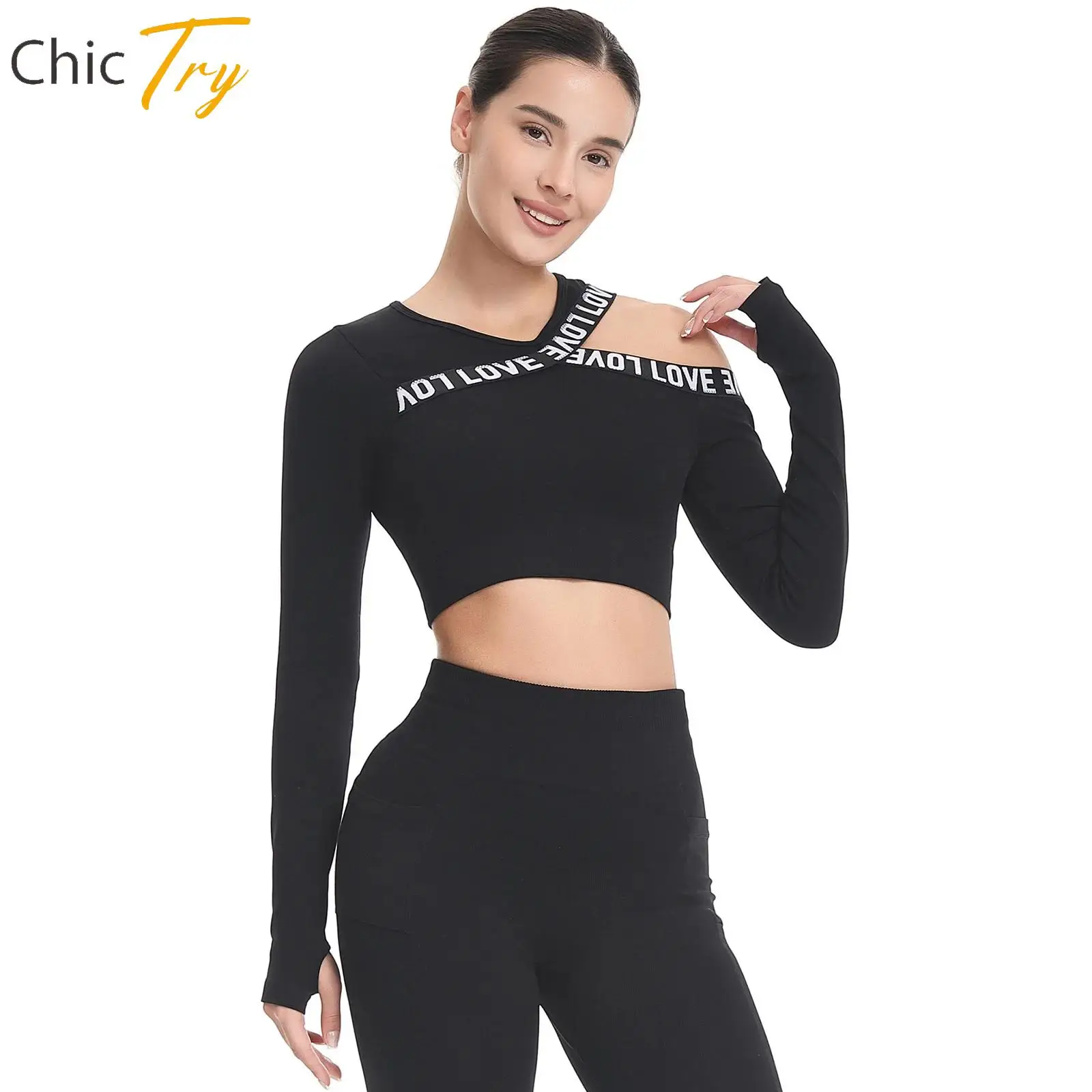 

Breathable Slim-Fit Yoga Tops Womens Sports Workout Wear Cold-Shoulder Crop Top Long-Sleeves Thumbholes Asymmetrical Fitness Top