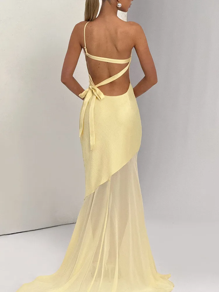

Absobe One Shoulder Maxi Evening Dress Women's Sexy Backless Slim Mesh Patchwork Party Elegant Floor-length Gown Mermaid Dresses