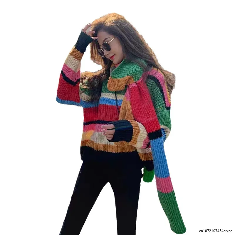 Women Rainbow Color Striped Knitted Sweater Pullovers Knitwear + Long Scarf Autumn Winter Long Sleeve Stripe Contrast Crop Tops