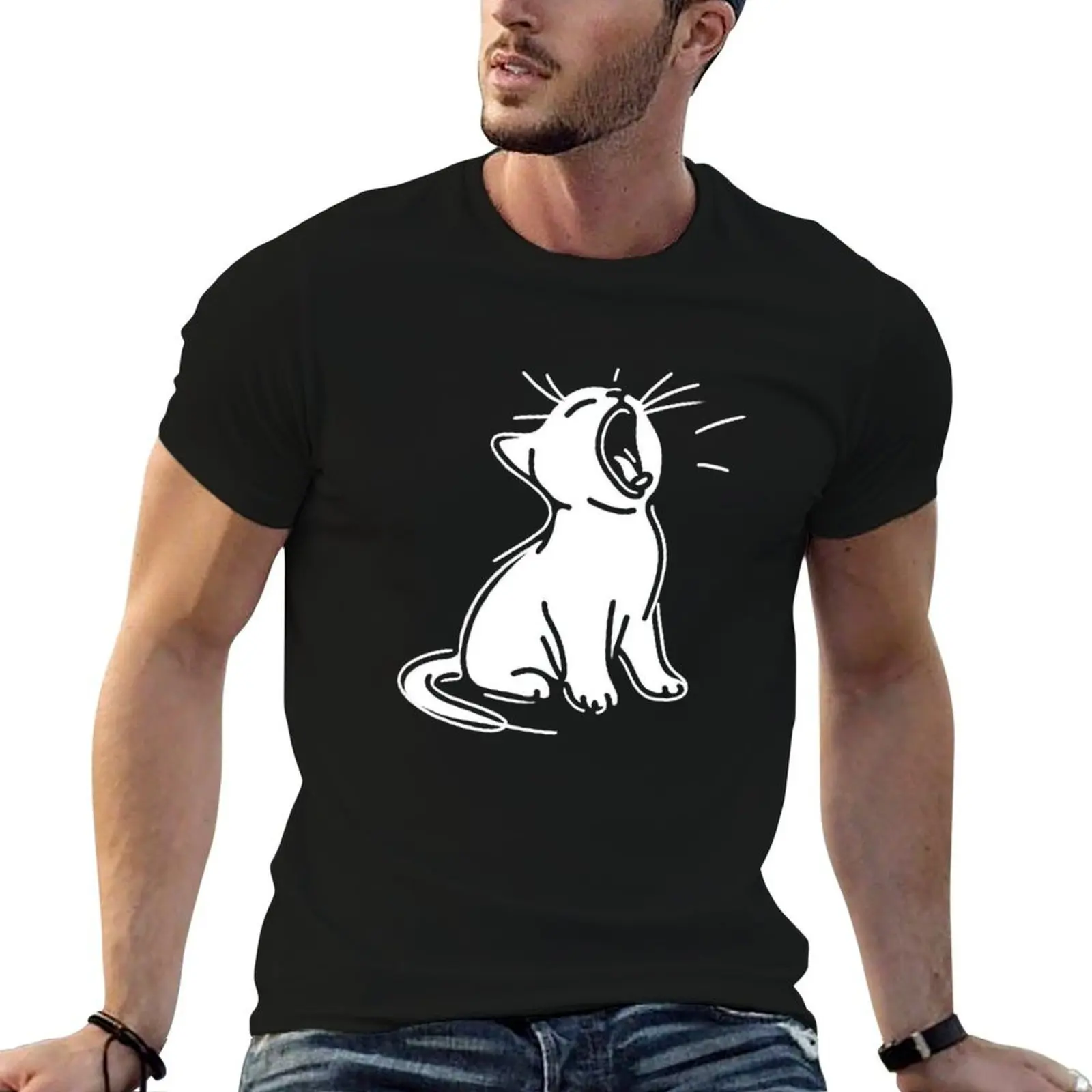 Adorable Yawning Cat Line Art Doodle T-Shirt basketball graphic tees topping men clothing