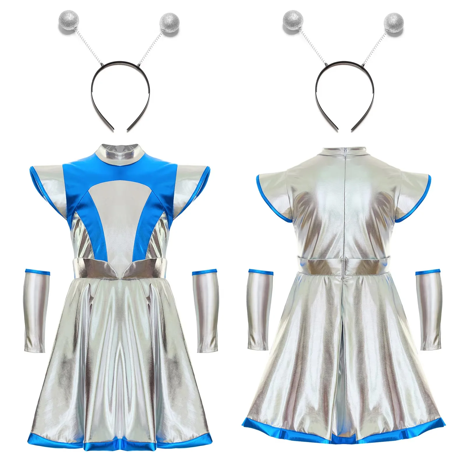 فتاة لامعة الغريبة الفضاء الخارجي زي الهالوين التأثيري فلينغ كم التدرجات ألف خط توتو فستان رقص عقال حفلة العالم