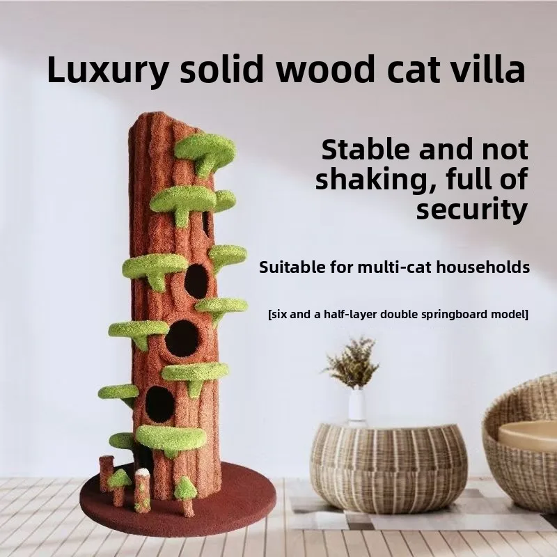 Extra Large Cat Climbing Tower Solid Wood Cat Tree House with Tree Hole and Multi-Level Jumping Platform