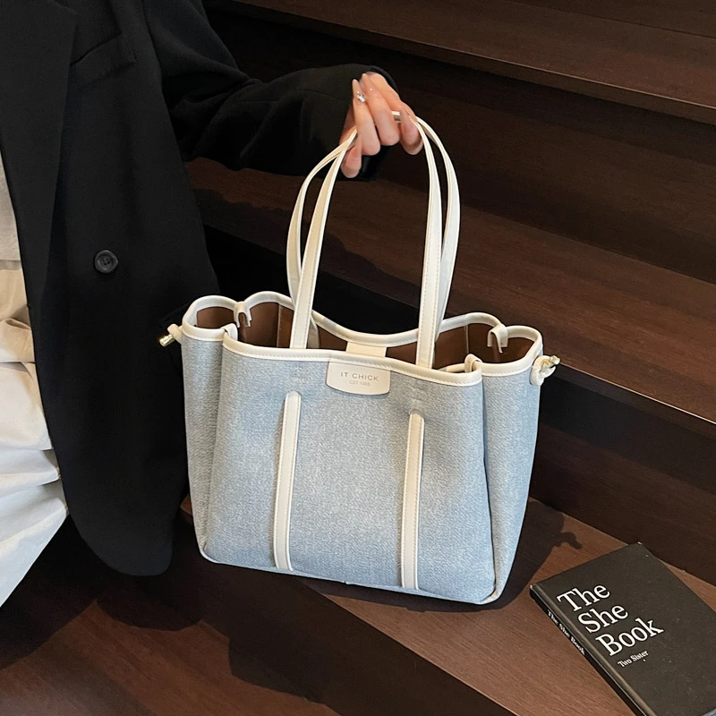 

Повседневная пригородная сумка на плечо большой емкости, женская модная джинсовая сумка контрастного цвета, темпераментная женская сумка-тоут