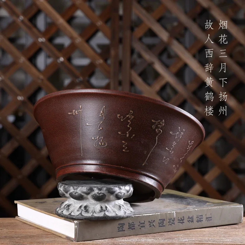 yesRound Ceramic Bonsai Pot, Chinese Painting, Big Size,Handmade, Dormitory Room, Table, Garden, Home, Table Decoration