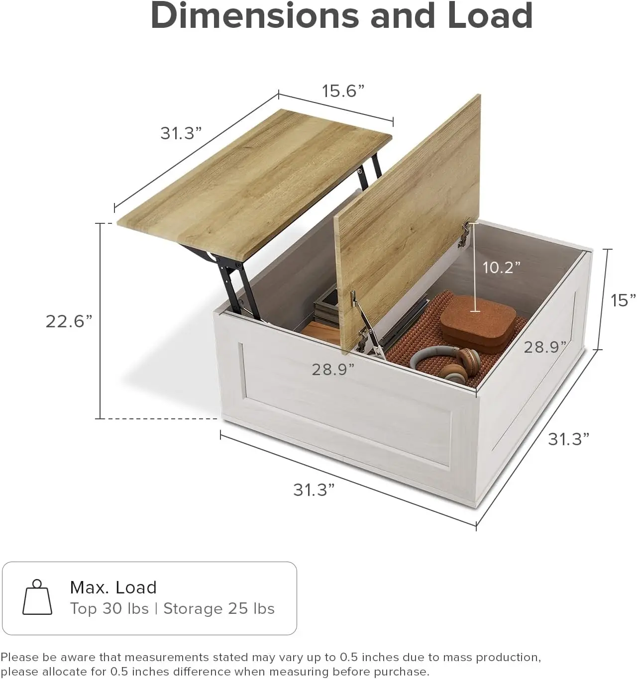 Square Modern Farmhouse Lift‑Top Coffee Table with Storage, Wood Center Table with Chamfered Edge and Soft‑Close Mechanism, Easy‑Lifting Tabletop for Living Room, White Oak Finish