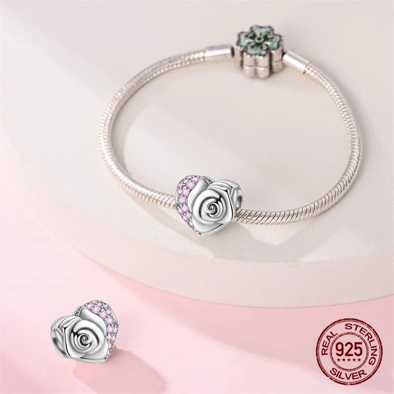 طقم خرز على شكل بتلة على شكل قلب من الفضة الإسترليني عيار 925 مع زركون مع سوار أصلي هدية مجوهرات نسائية ذاتية الصنع