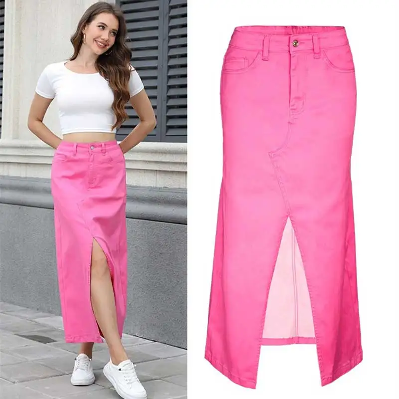 Irregular candy color women's skirt split-ended denim skirt hip lift skirt medium and long skirt