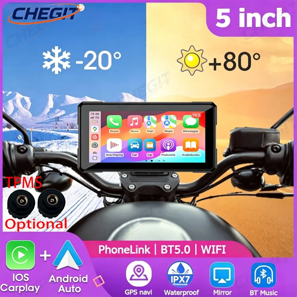

5inch Wireless CarPlay Moto Android Auto GPS Motorcycle Navigation IP67 Waterproof Motorcycle Touch Screen TPMS Optional
