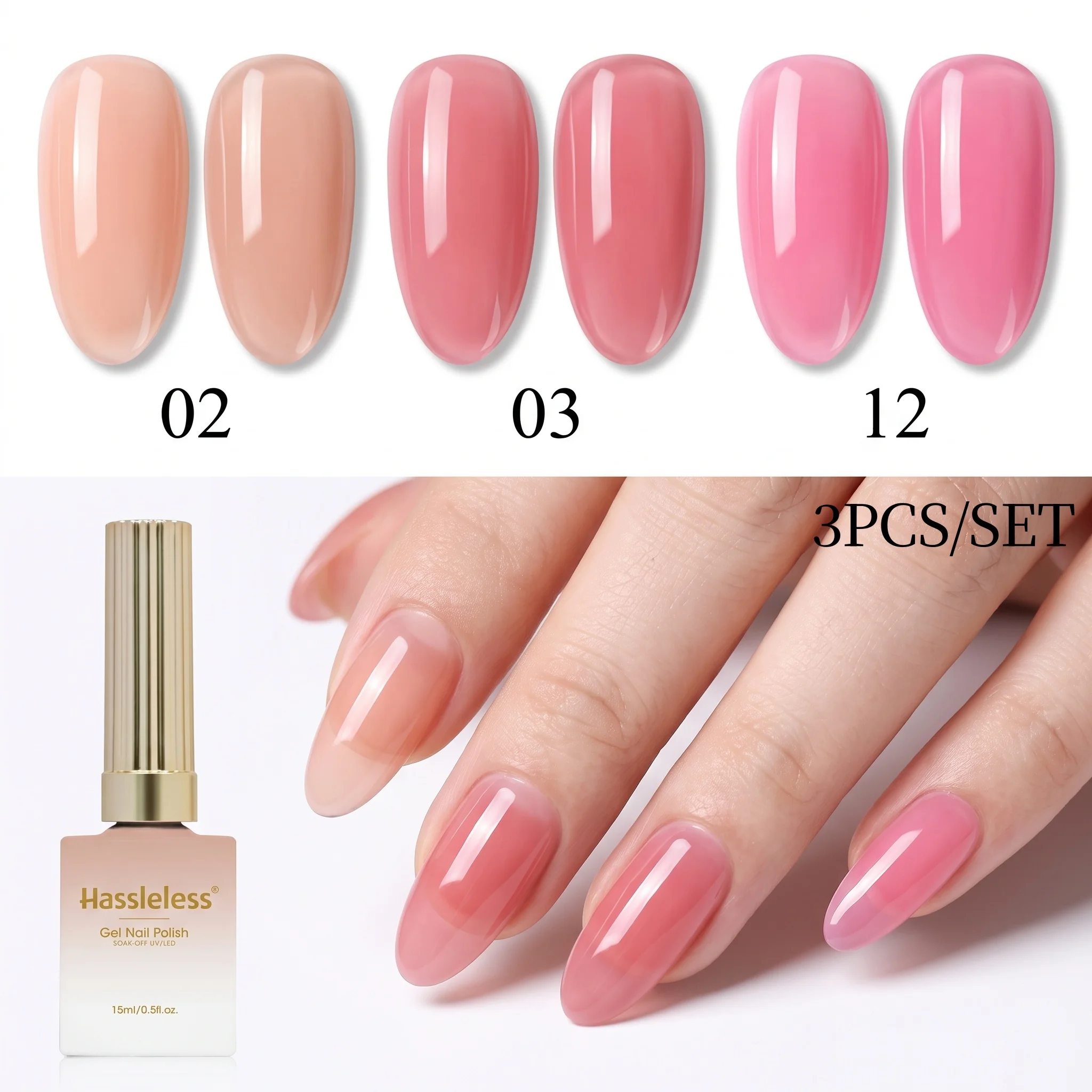Hassleless 3Pcs Ice Clear Nail Polish Gel Set, with a Clear and Moisturizing Jelly Base, Transparent Texture That Adheres to the Nail Surface, Can Be Used for Individual Coloring or as a Gradient Base