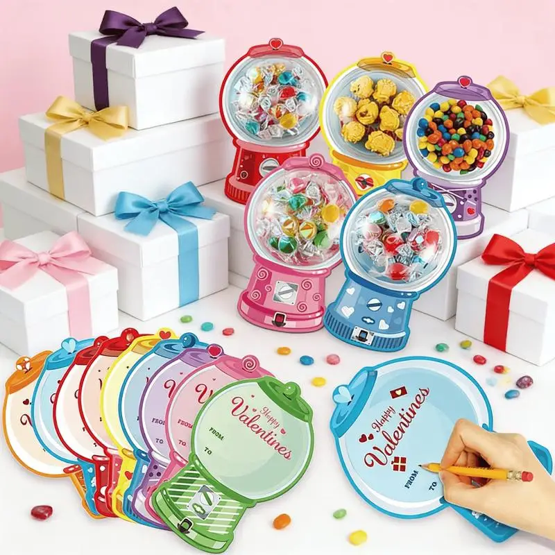 18/36 Pcs DIY Valentines Candy Cards Bubble Gum Machine Designs Valentines Day Exchange Cards Kids Classroom Exchange Gifts