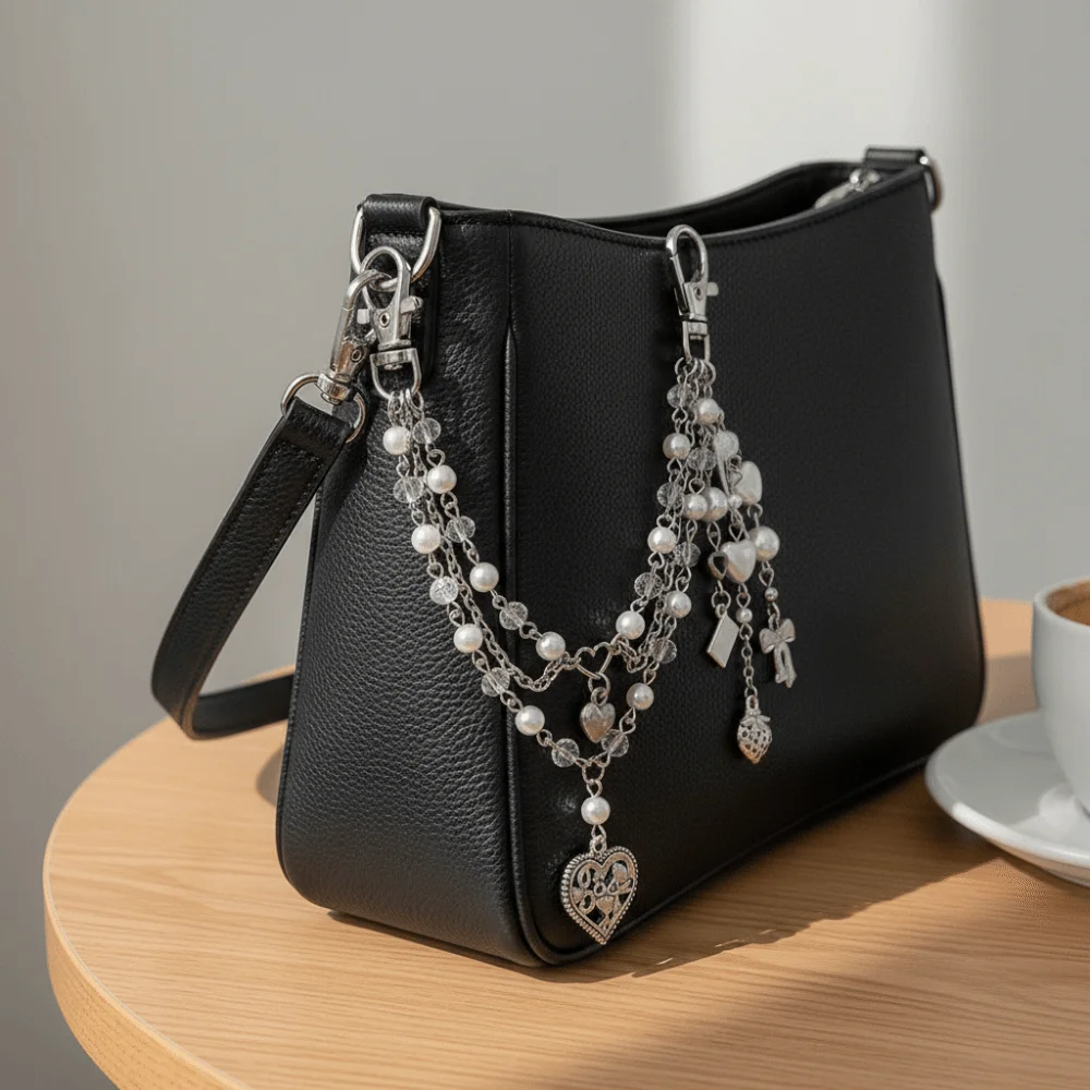 Gift Sweet Imitation Pearl Accessories Trendy Heart Acrylic Bag Chain Multi-layer Design Metal Material Beaded Keychain Women