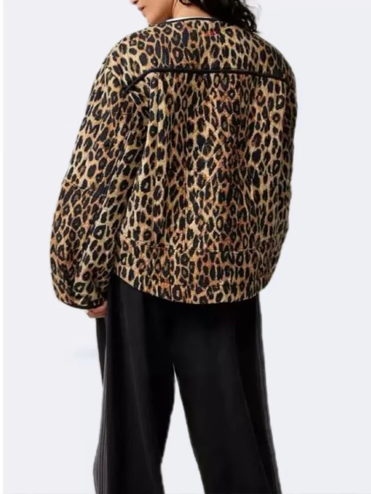 2024 autumn new women\'s loose retro round neck animal leopard print long sleeve cotton jacket coat