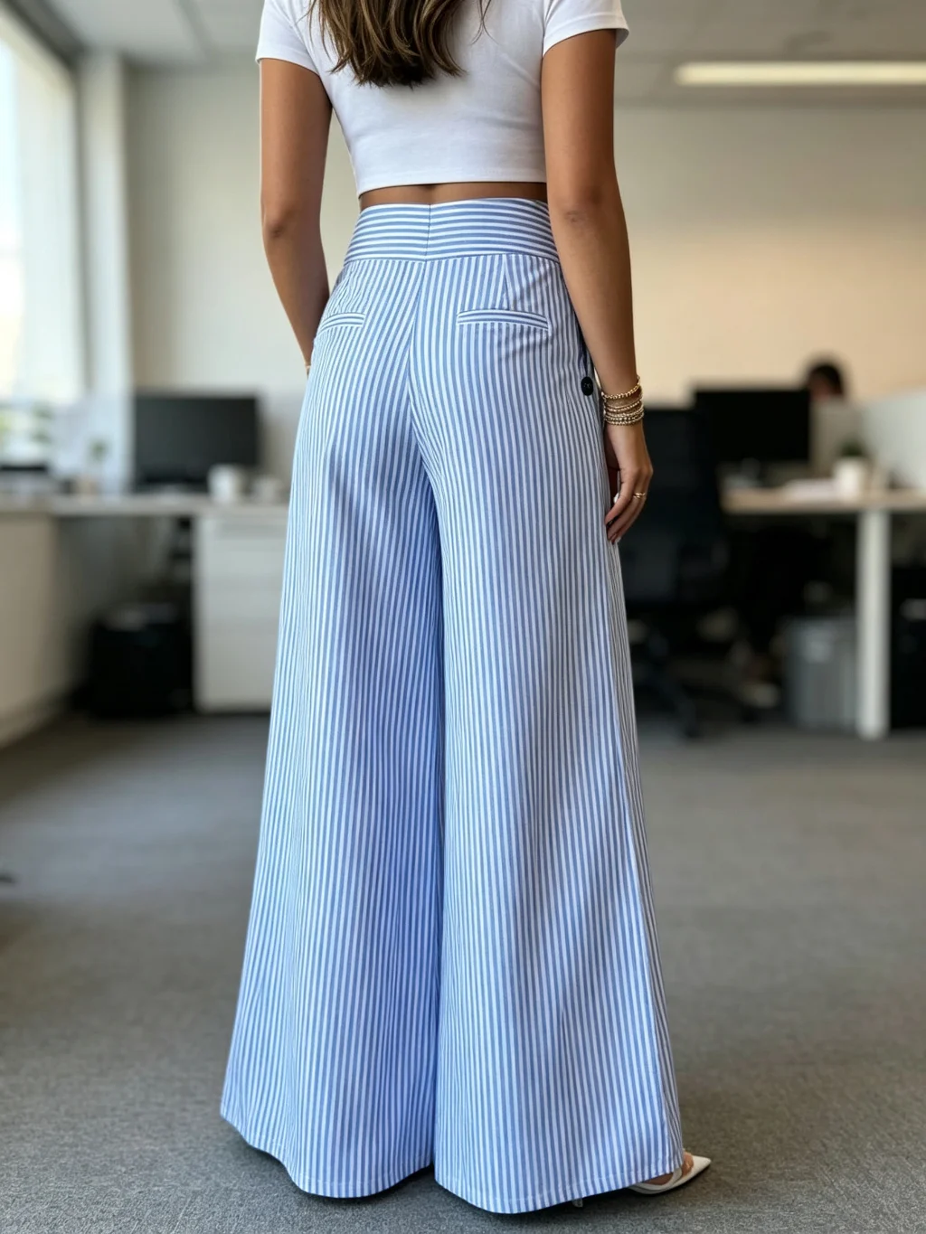 High Waist Wide Leg Pants Women Striped Button Front Tummy Control Floor Length Loose Summer Lightweight Casual Office Slim Fit