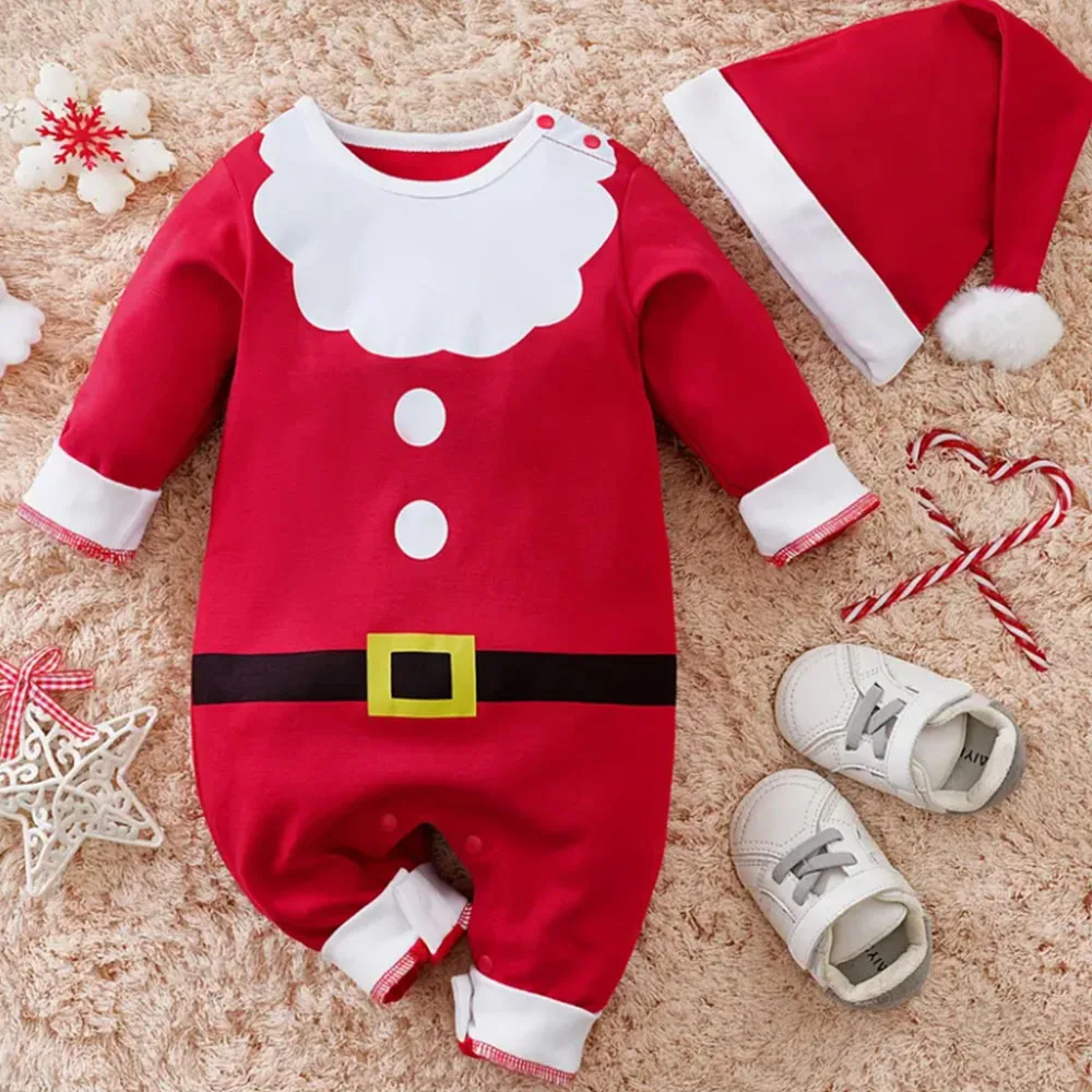 2pcs Santa Claus Costume Bodysuit + Hat for Newborns, Long Sleeve Soft and Comfortable Outfit Suitable for Outdoor Wear,