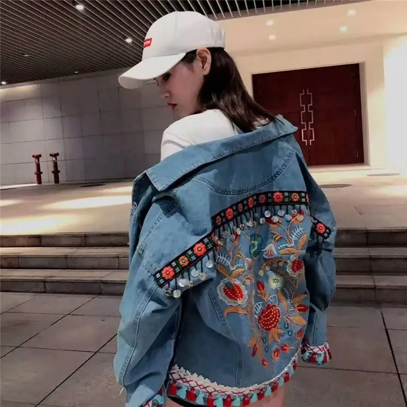 Heavy Work Embroidery Sequins Tassels Denim Jacket Women Cowboy Outerwear Vintage Slim Short Pocket Splicing Jeans Jacket Female