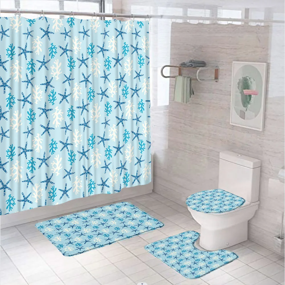 

4Pcs Starfish Coral Bathroom Shower Curtain Set Nautical Blue Home Non-Slip Soft Flannel Rug Toilet Lid Cover Bath Mat 12 Hooks