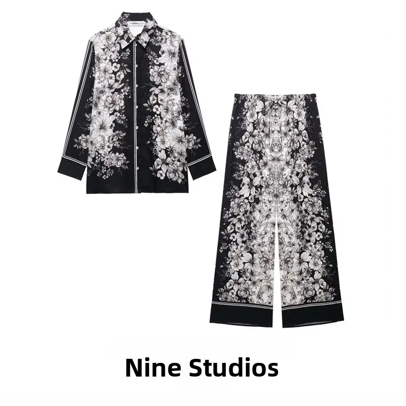 

Loose Long Printed irt Dstring Pants Fluffy Skirt Set Women's Faion Autumn 2025 Two-Piece Button-Up Long Sve