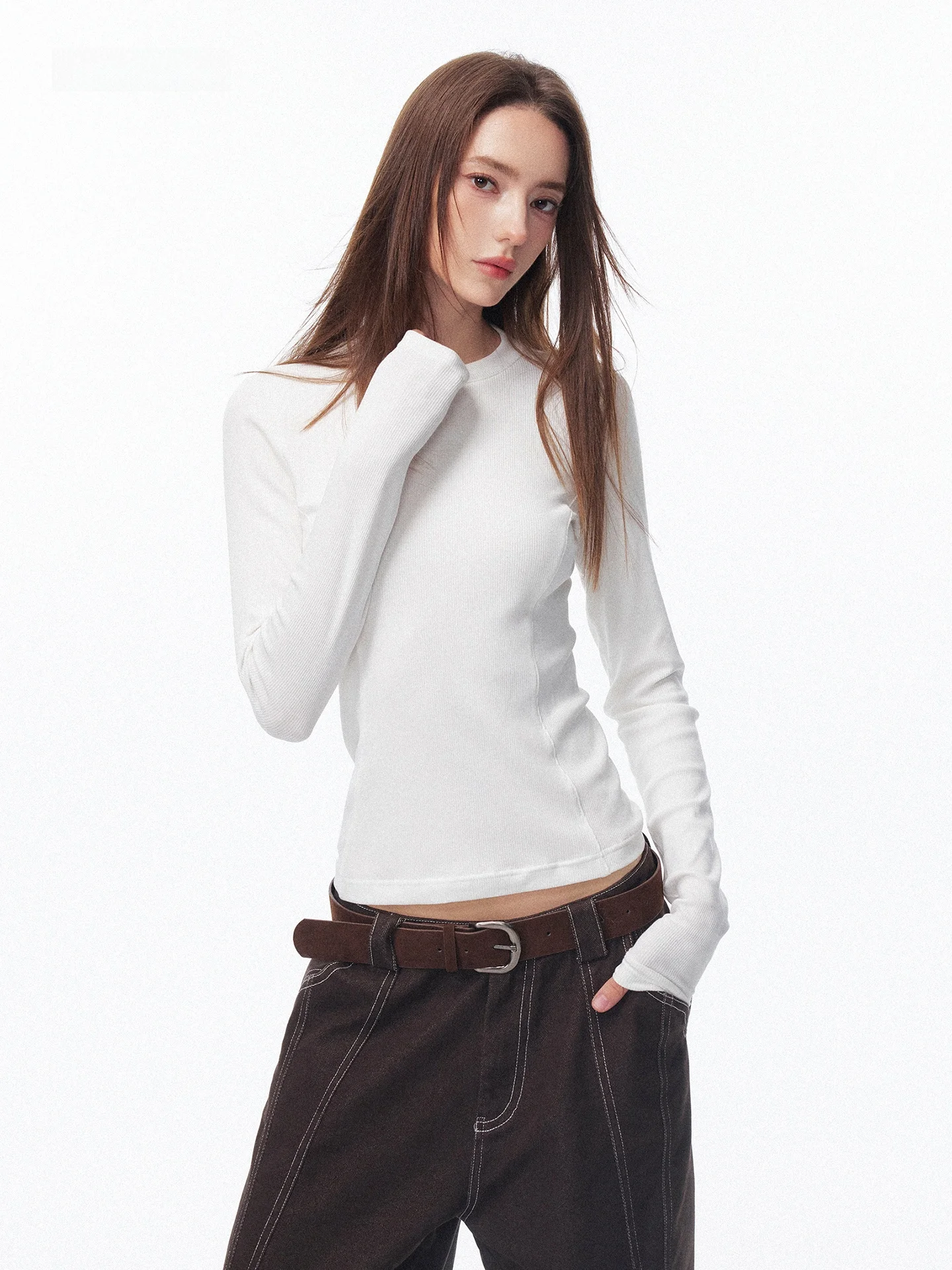 Camiseta Interior de Manga Larga SEGI, Diseño Original, Tejido de Modal y Algodón, Cuello Redondo, Corte Ajustado, Estilo Casual para Mujer