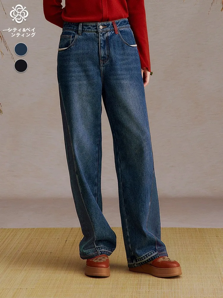 

Модные длинные свободные джинсы с широкими штанинами, элегантные прямые джинсы для повседневной носки, универсальные зимние женские джинсы с эффектом стройности 14412B374