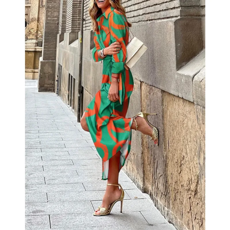 Dames nieuwe mode bedrukte overhemdkraag met veters, halflange sexy V-hals, split, gestreepte, lange mouwen, enkellange jurk