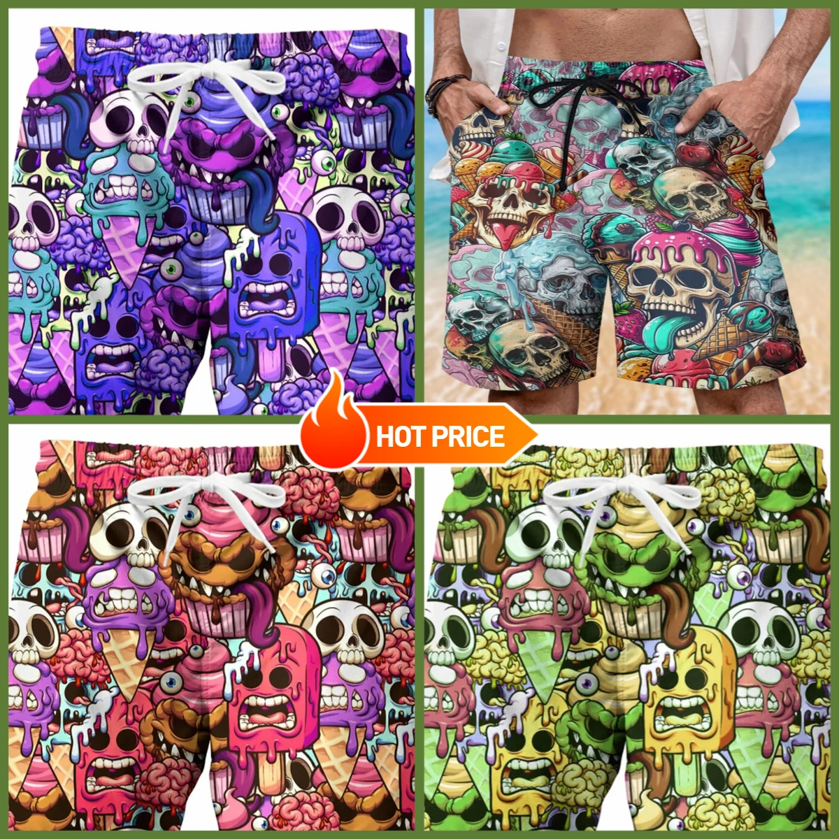 Pantalones cortos con estampado 3D de calavera de helado para hombre y mujer, traje de baño transpirable de secado rápido,